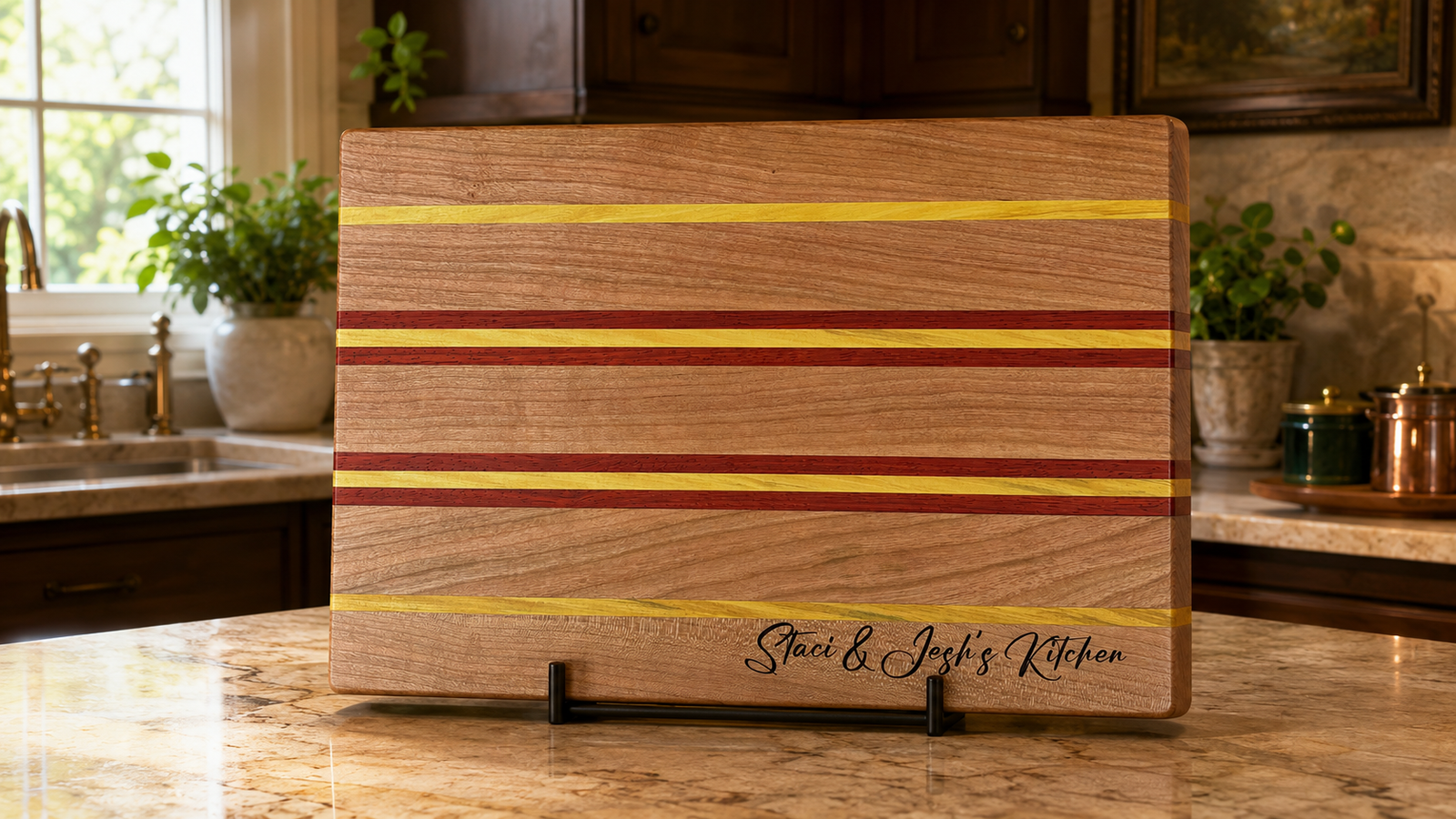 Personalized Staci and Jeshi hardwood closing gift displayed in a refined kitchen