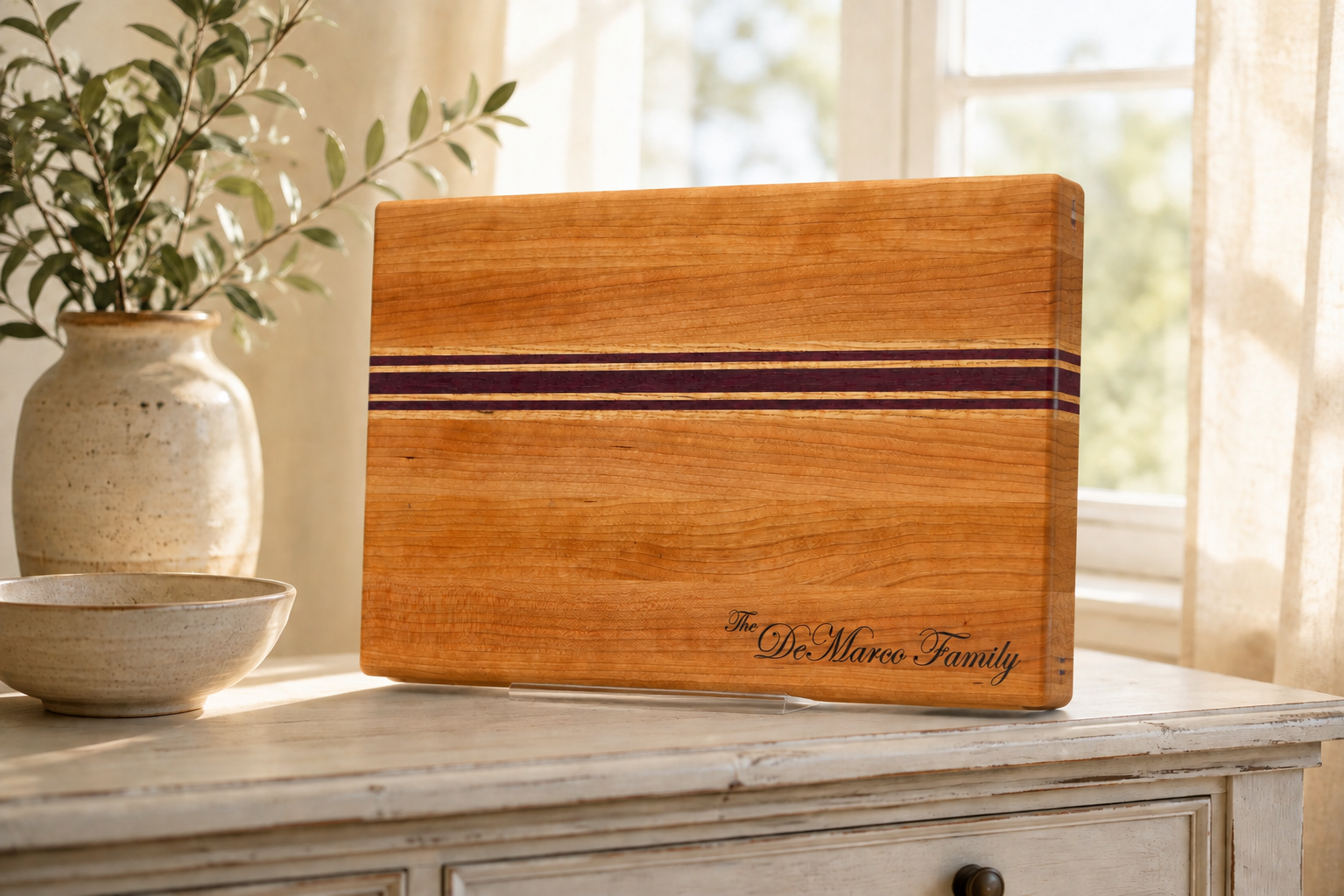 DeMarco Family personalized cherry and purpleheart hardwood closing gift